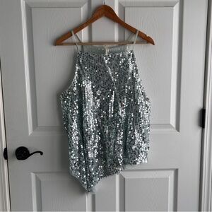 Anthropologie Sequin Mesh Tank Top Womens Large Sliver Sheer Asymmetrical